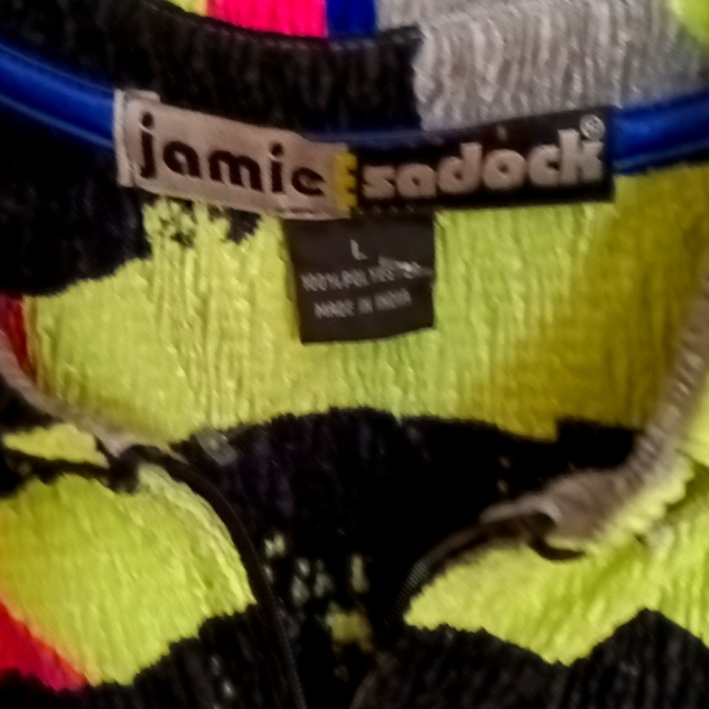 jamie sadock lime green black & pink short sleeve blouse w/ front zipper Sz Lrg